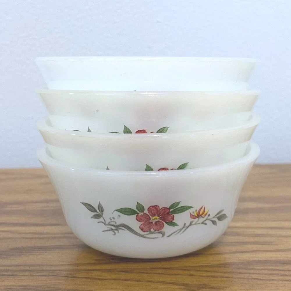 Vintage Glasbake Primrose Milk Glass Custard Bowls Set of 4 White Floral MCM‎